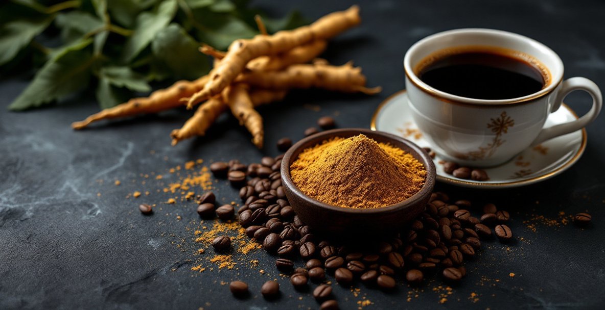 Raíz y polvo de ashwagandha junto a café