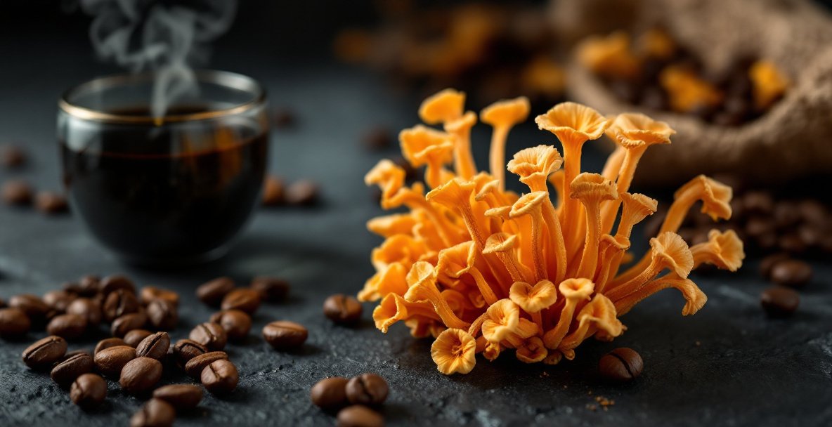 Hongos cordyceps junto a una taza de café