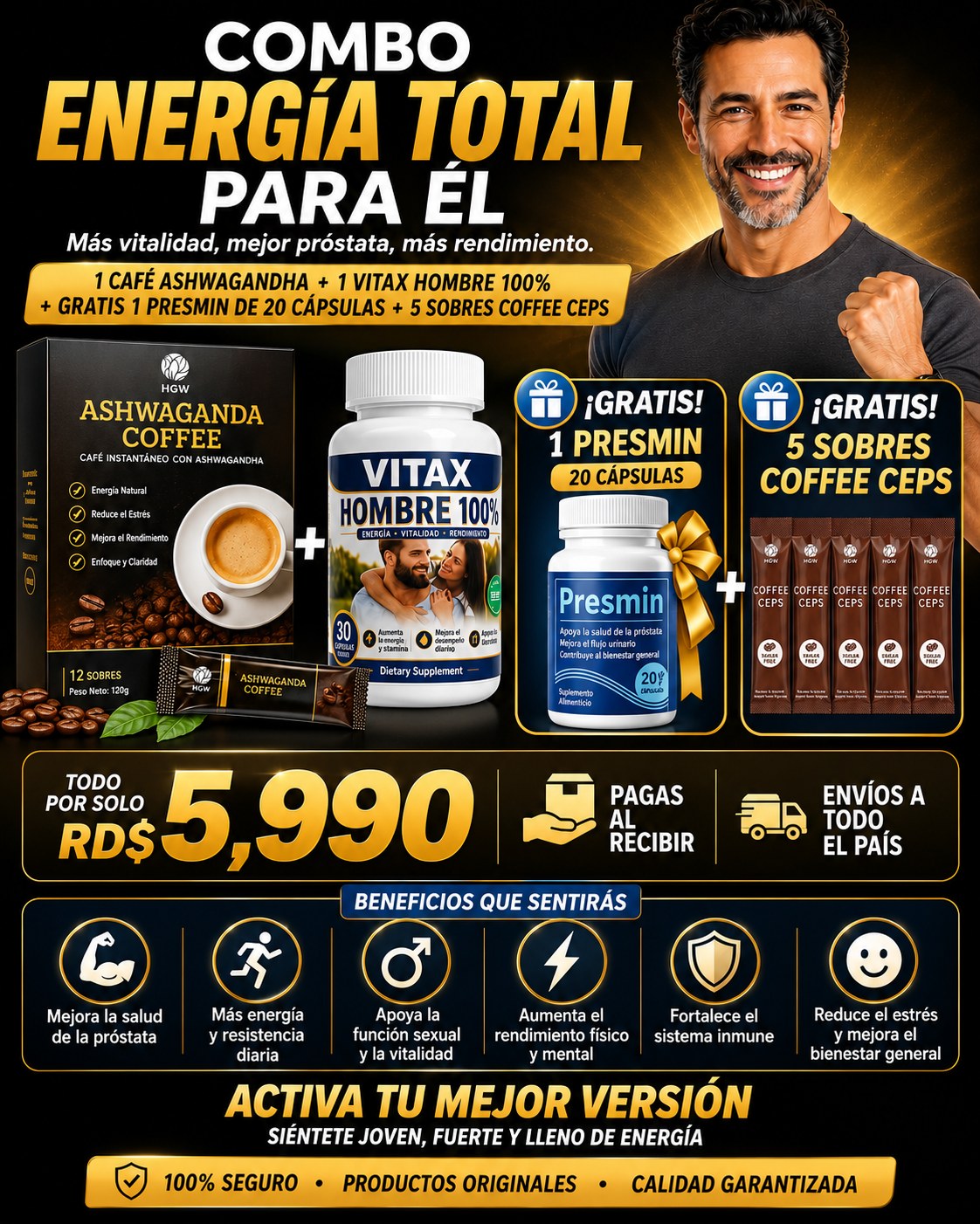 Combo Energía Total Para Él: Ashwagandha Coffee, Vitax Hombre 100%, Presmin y Coffee Ceps por RD$5,990